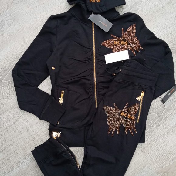 BCBG MAXAZRIA, Rhinestone Butterfly Hoodie & Pant Set  Black - Picture 3 of 11